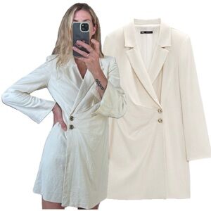 Zara Linen Blend Double Breasted Cream Gold Accents Blazer Jacket Dress